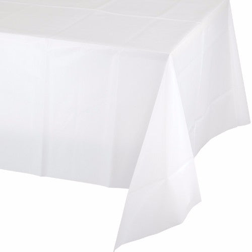 Premium white plastic table cover measuring 137cm x 274cm, perfect for parties, weddings, and easy clean-up.