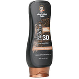 Australian Gold SPF 30 sunscreen with bronzer, enriched with Kakadu Plum for radiant, sun-kissed skin.