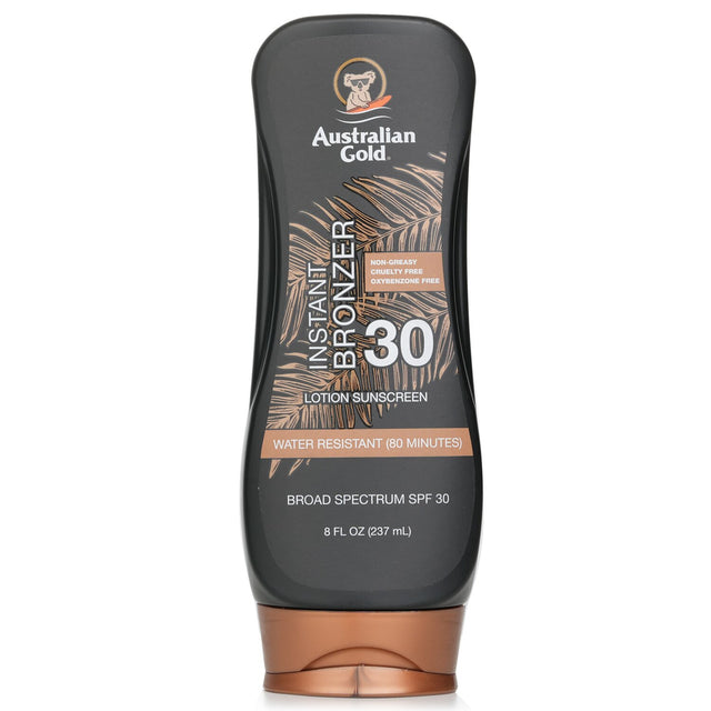 Australian Gold SPF 30 Lotion Sunscreen with Instant Bronzer, 237ml - Provides UVA/UVB protection and enhances skin's glow.