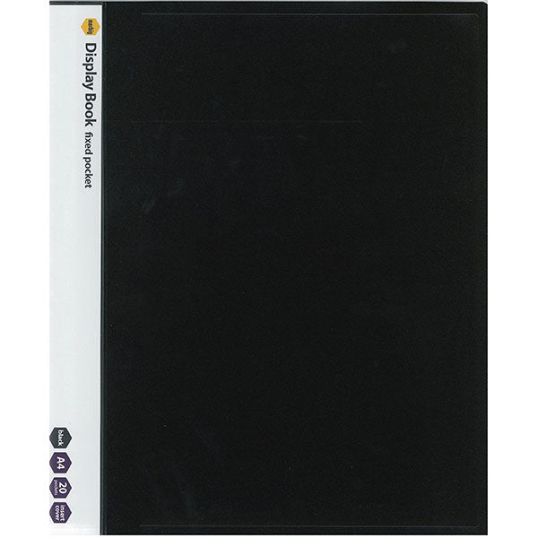 Marbig A4 20 Fixed Pocket Display Book in sleek black, featuring durable cover and 20 fixed pockets for organized document storage.