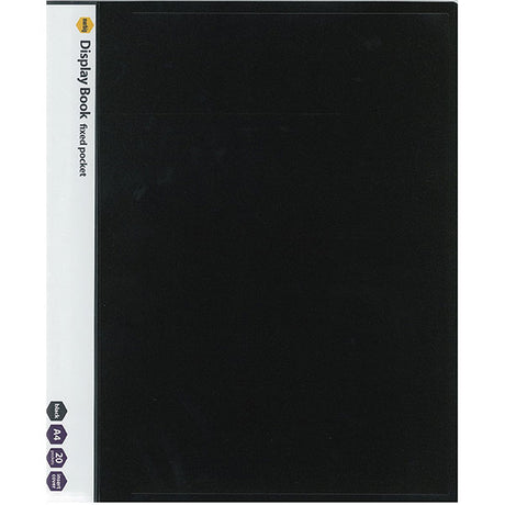 Marbig A4 20 Fixed Pocket Display Book in sleek black, featuring durable cover and 20 fixed pockets for organized document storage.