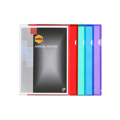 Marbig A4 Ultra PP letter file pack of 10 in assorted colors, featuring durable design and easy-access openings.