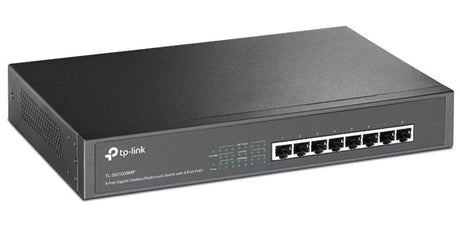 TP-Link SG1008MP 8-Port Gigabit Switch with PoE+, ideal for powering devices and expanding networks efficiently.