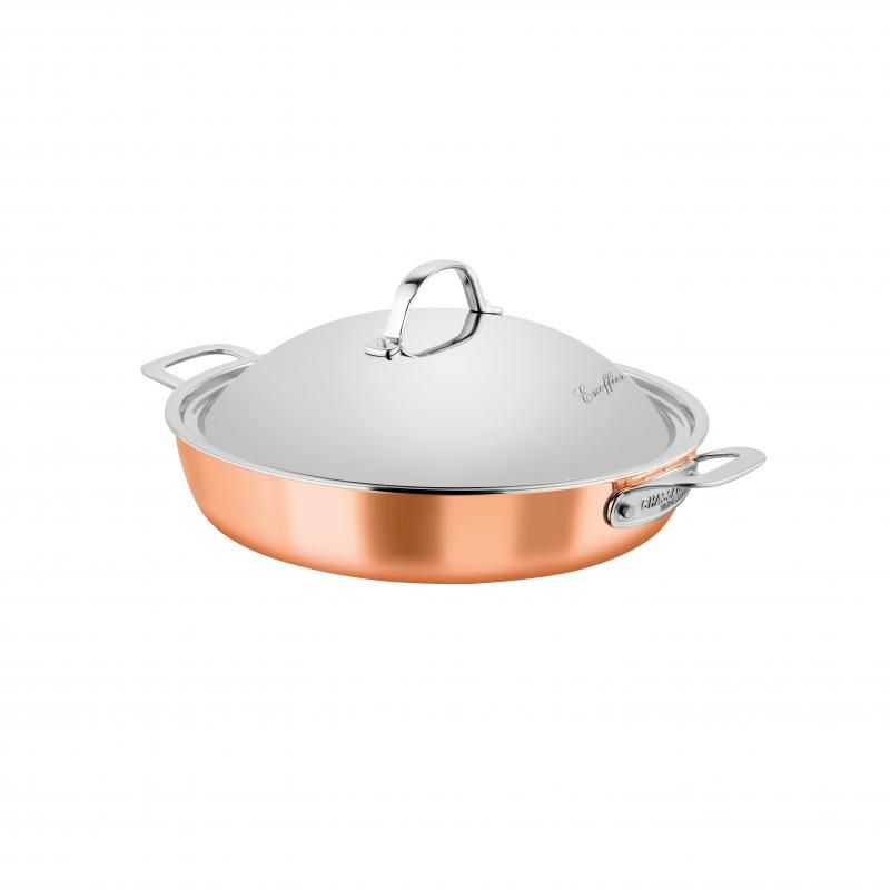 Chasseur Escoffier 32cm Chef Pan with copper exterior, 4-layer construction, curved handle, and domed lid for versatile cooking.