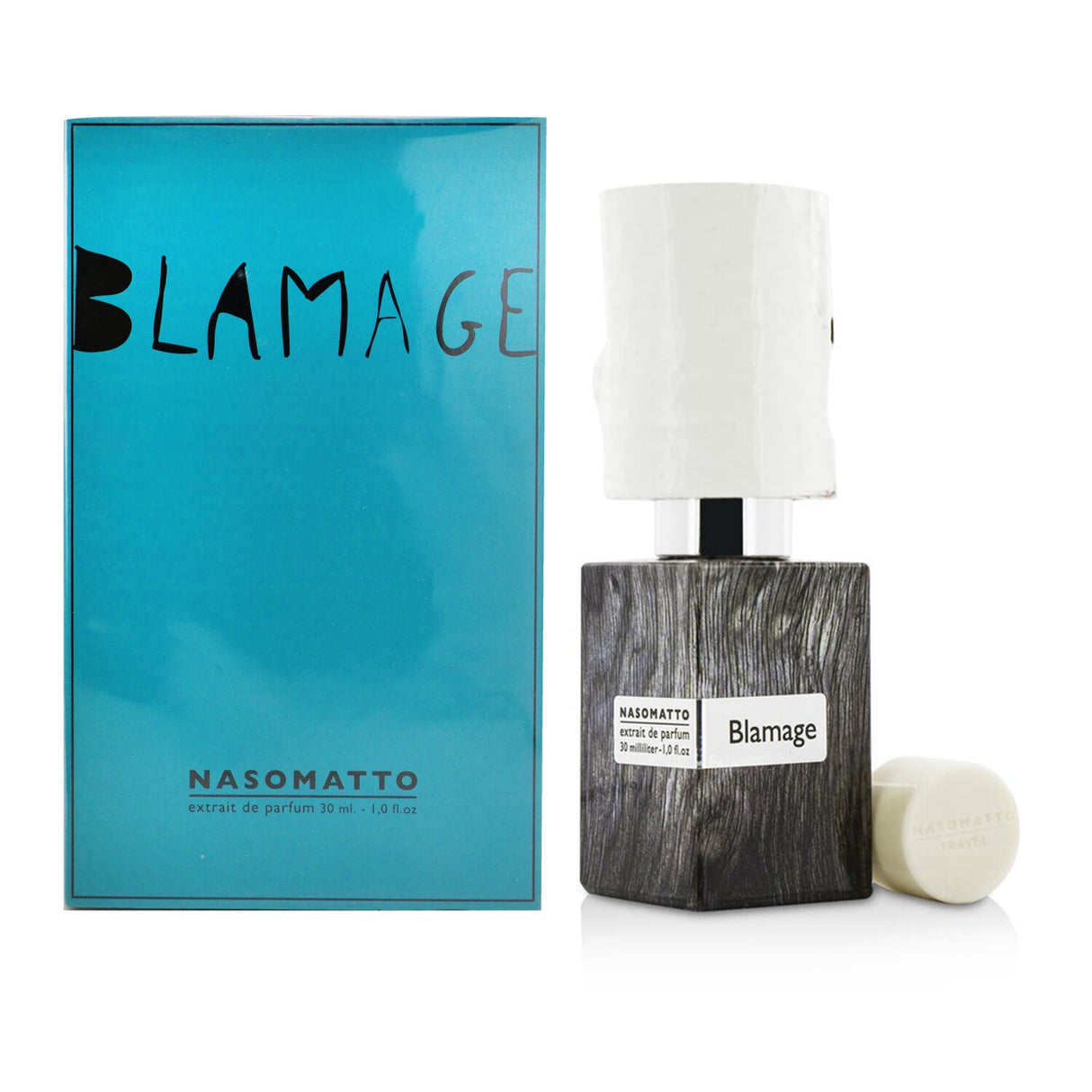 Nasomatto Blamage 30ml Extrait De Parfum Spray featuring woody and fruity notes, ideal unisex fragrance for any occasion.