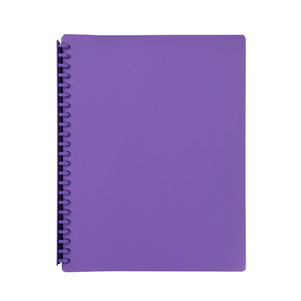 Purple A4 refillable display book with 20 clear pockets, ideal for storing and showcasing documents.