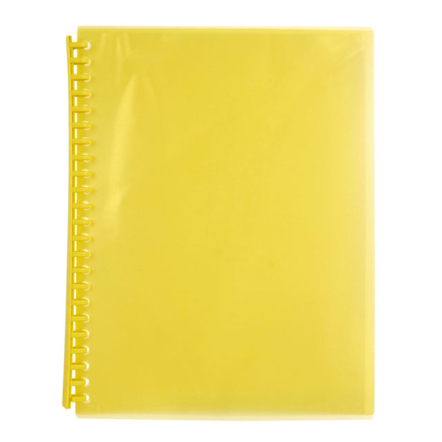 Yellow refillable display book with 20 pockets, ideal for organizing and showcasing important documents. Pack of 10.