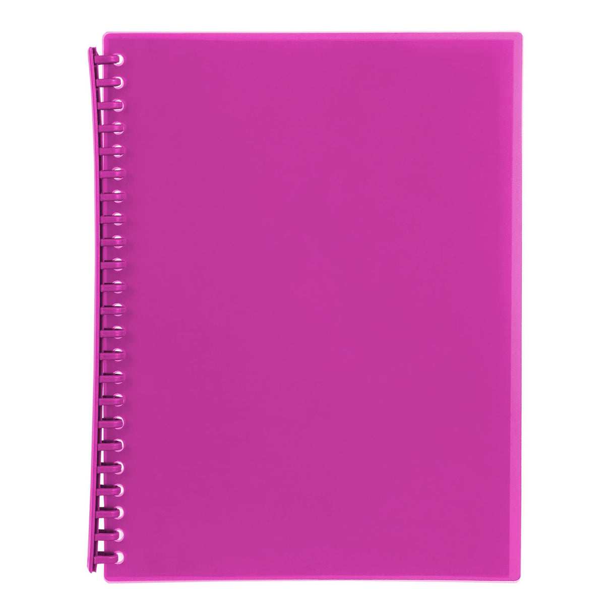 Bright pink refillable display book pack of 10 with 20 clear pockets for storing and protecting documents.