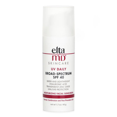 EltaMD UV Daily Moisturizing Facial Sunscreen SPF 40, lightweight sunscreen with hyaluronic acid for hydration and sun protection.