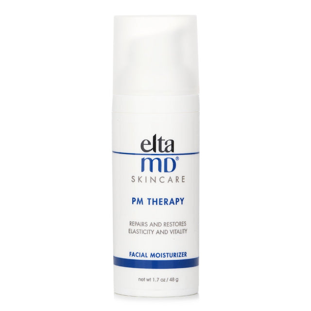 EltaMD PM Therapy Facial Moisturizer in a 48g jar, provides overnight hydration, improves skin tone, and diminishes aging signs.