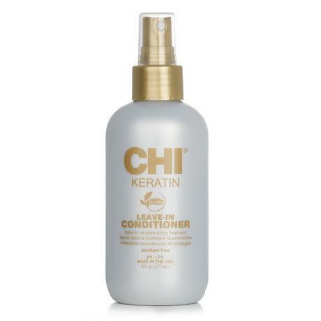 CHI Keratin Leave-In Conditioner (177ml) rejuvenates hair, strengthens strands, prevents breakage, and adds moisture and shine.