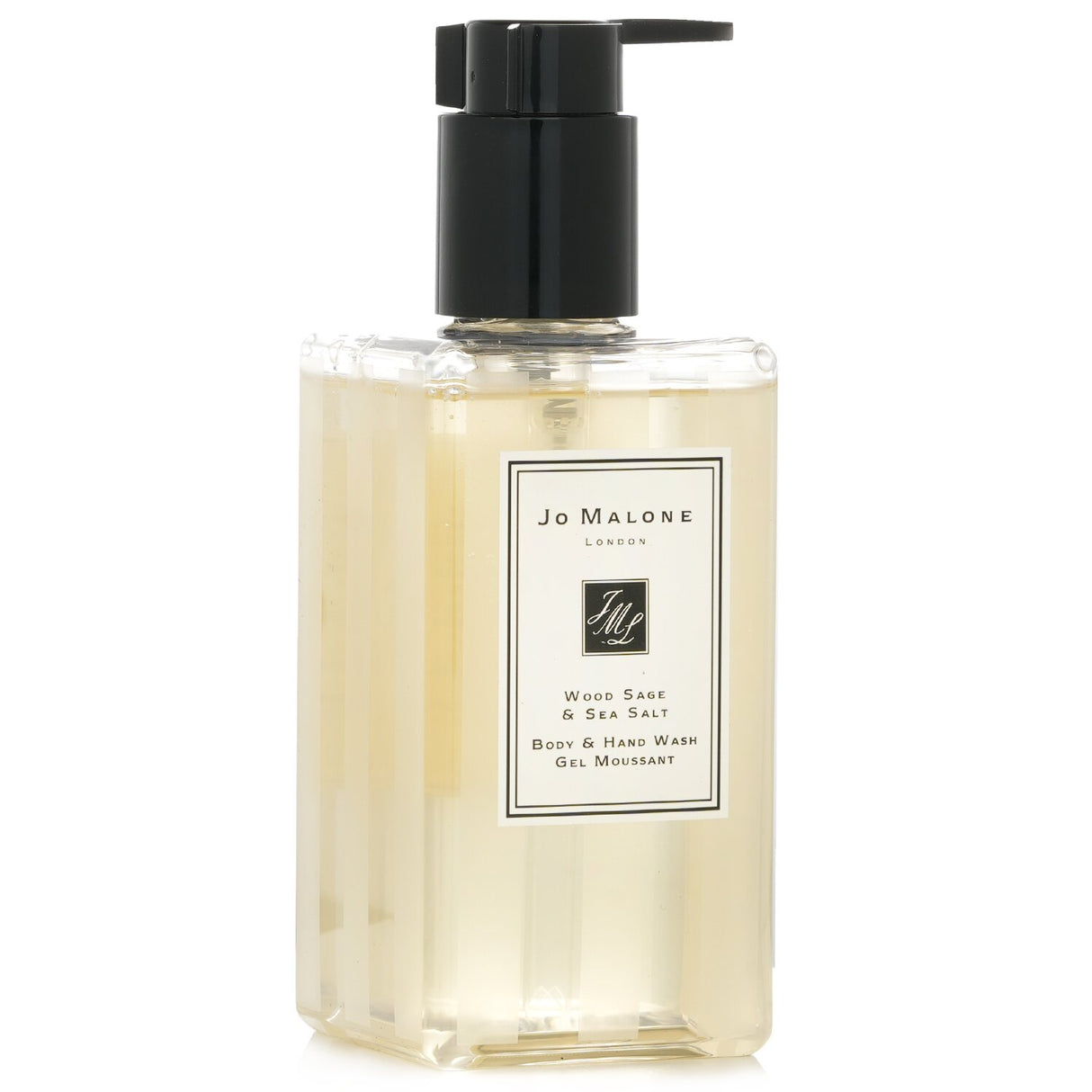 Jo Malone Wood Sage & Sea Salt Body & Hand Wash in pump bottle, 250ml, offers a refreshing cleanse with earthy sage and marine notes.