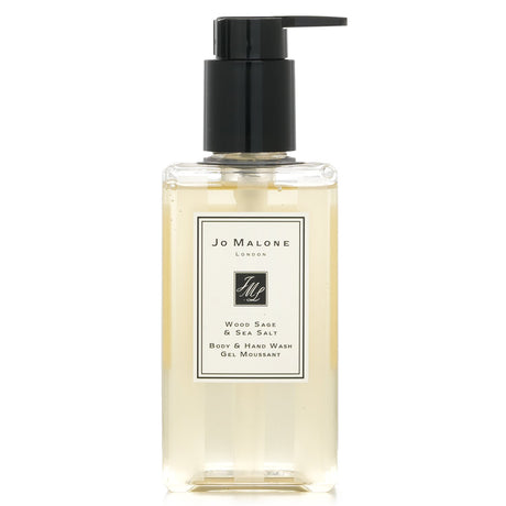 Jo Malone Wood Sage & Sea Salt Body & Hand Wash in a 250ml pump bottle, offering a refreshing, nurturing cleanse with marine scents.