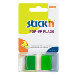 Green self-adhesive pop-up flags, 45x25mm, 50 sheets for quick notes and document organization without obscuring text.