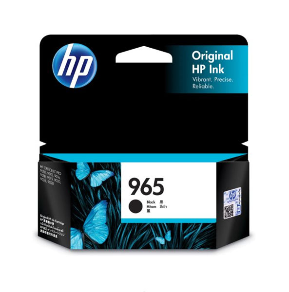 HP 965 Black Ink Cartridge for sharp prints, 1,000-page yield, fraud protection, and compatible with various HP printers.