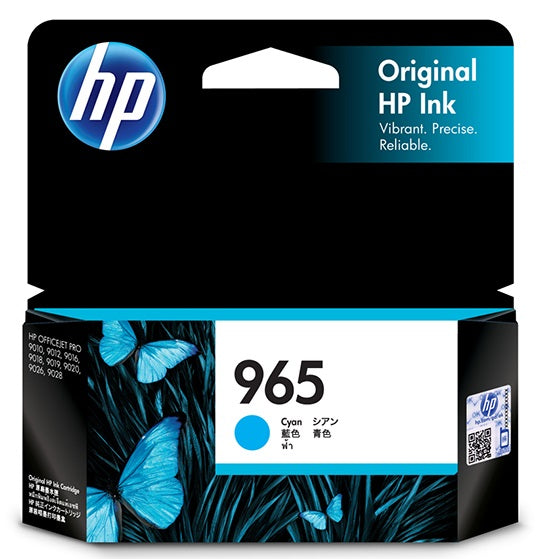 HP 965 Cyan Ink Cartridge for OfficeJet Pro printers, delivering vibrant colors with a yield of up to 700 pages.