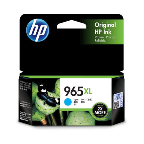 HP 965XL Cyan Ink Cartridge designed for vibrant prints, high yield of 1,600 pages, and compatibility with multiple HP models.