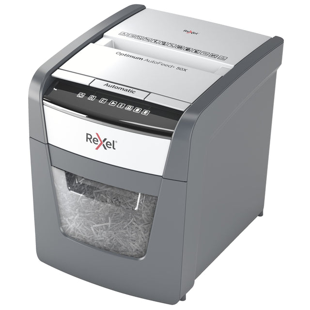 Rexel Optimum Auto+ Shredder 50x Cross: Effortless auto shredding, handles 50 sheets with quiet operation and secure P4 cross-cut.