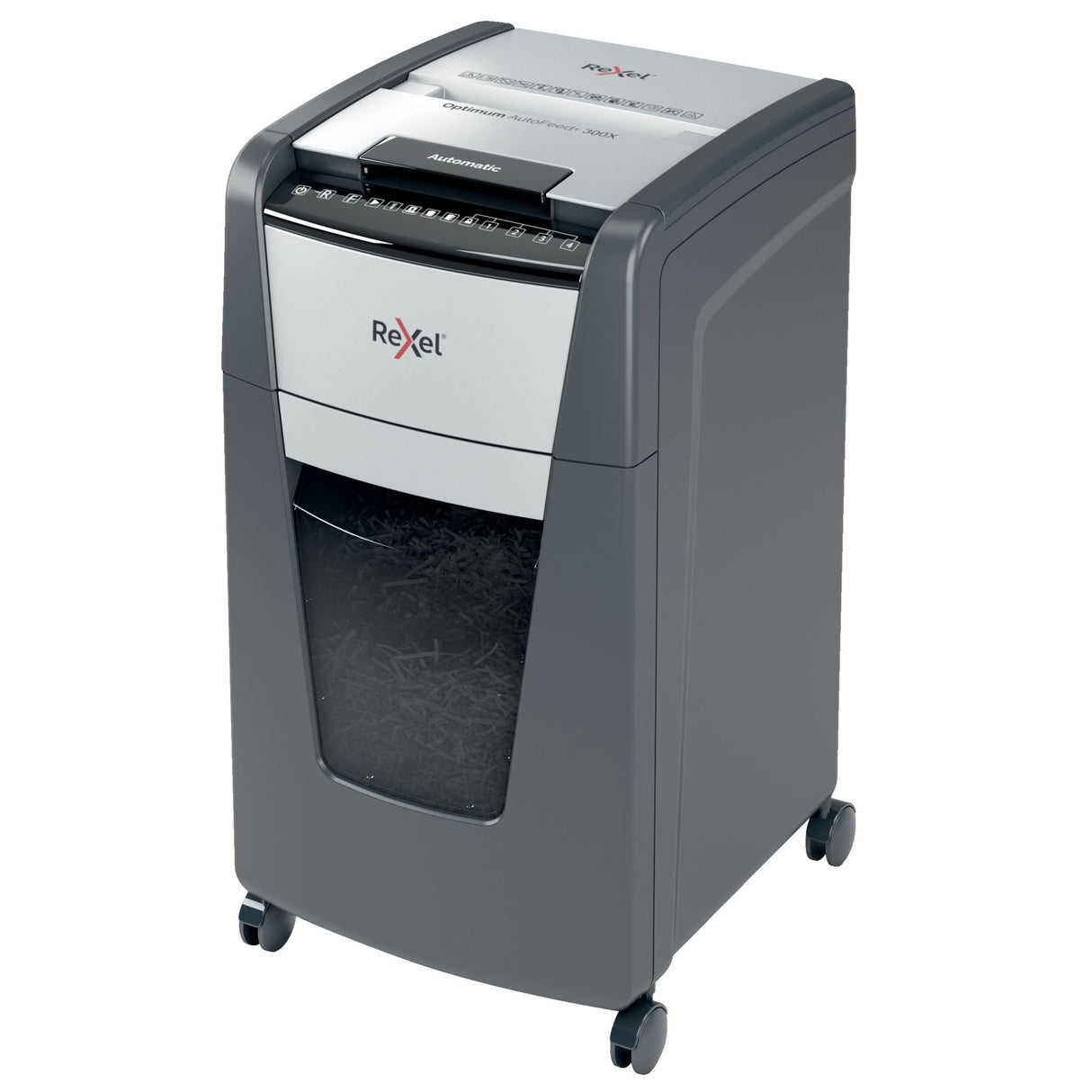 REXEL® OPTIMUM AUTOFEED SHREDDER 300X: Efficient auto-feed cross-cut shredder with 60L bin and quiet operation, protecting your documents.