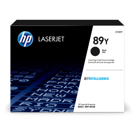 HP 89Y Black Toner cartridge for high-volume printing, yielding up to 20,000 pages, ensuring professional-quality documents.