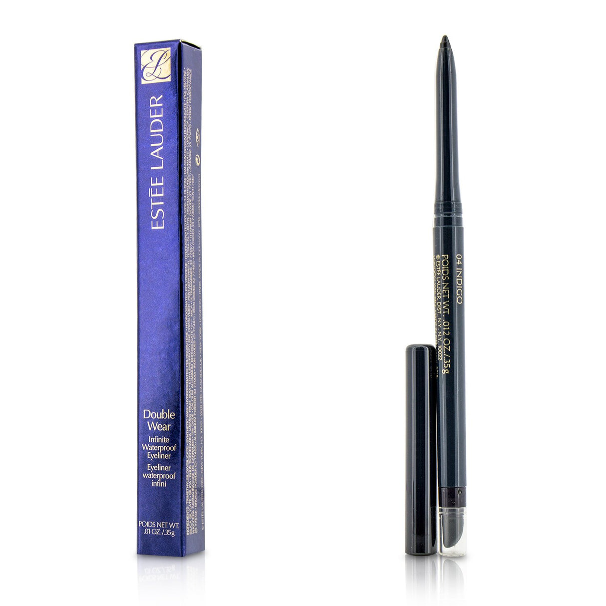 Estee Lauder Double Wear Waterproof Eyeliner in #04 Indigo, creamy texture, smudge-free, includes soft tip and sharpener.