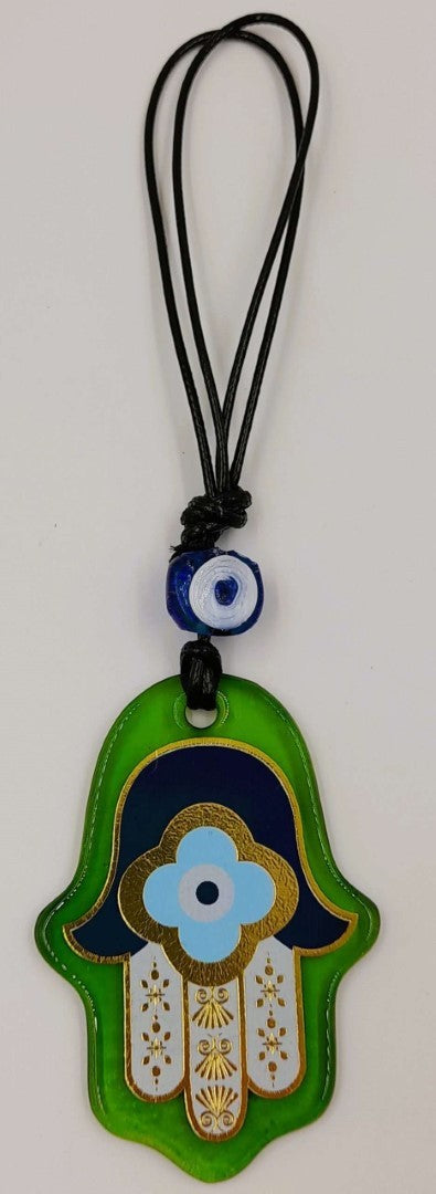 Set of 3 Turkish glass hamsa wall hangings featuring vibrant designs and evil eye motifs for protection and good luck.