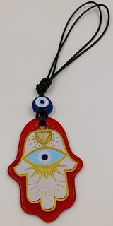 Set of 3 assorted Turkish glass hamsa wall hangings with evil eye motifs, showcasing vibrant colors and unique designs.