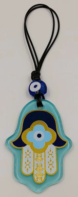 Set of 3 Turkish glass hamsa wall hangings with evil eye motifs, each unique in design and color, symbolizing protection.