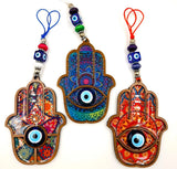 Set of 3 assorted Boho Hamsa Hand wall hangings featuring colorful designs and glass evil eyes for home decor and protection.