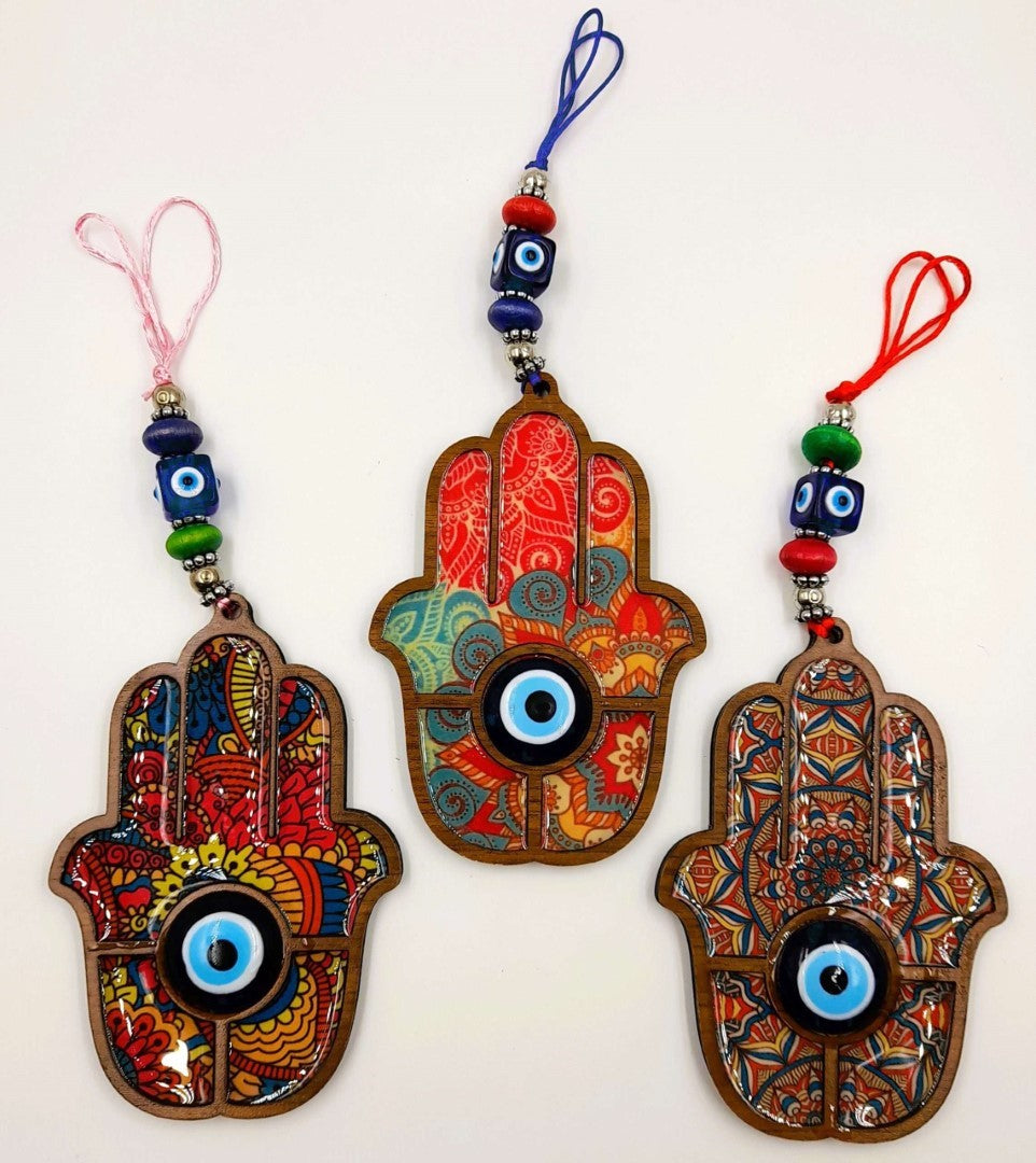 Boho Hamsa Hand wall hangings with glass evil eyes, set of 3 unique designs for a vibrant, protective decor.