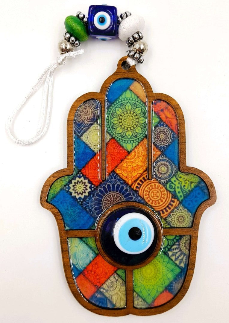 Boho Hamsa Hand with Glass Evil Eye wall hangings in assorted designs, adding charm and protection to your home decor.