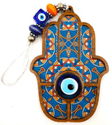 Boho Hamsa Hand wall hangings with glass evil eyes, assorted vibrant designs, perfect for home decor and protection.