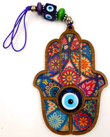 Boho Hamsa Hand wall hangings with glass evil eyes, vibrant colors and unique designs for home decor and protection.