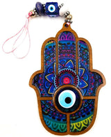 Boho Hamsa Hand wall hangings with glass evil eyes, set of 3 assorted designs and colors, perfect for home decor and protection.