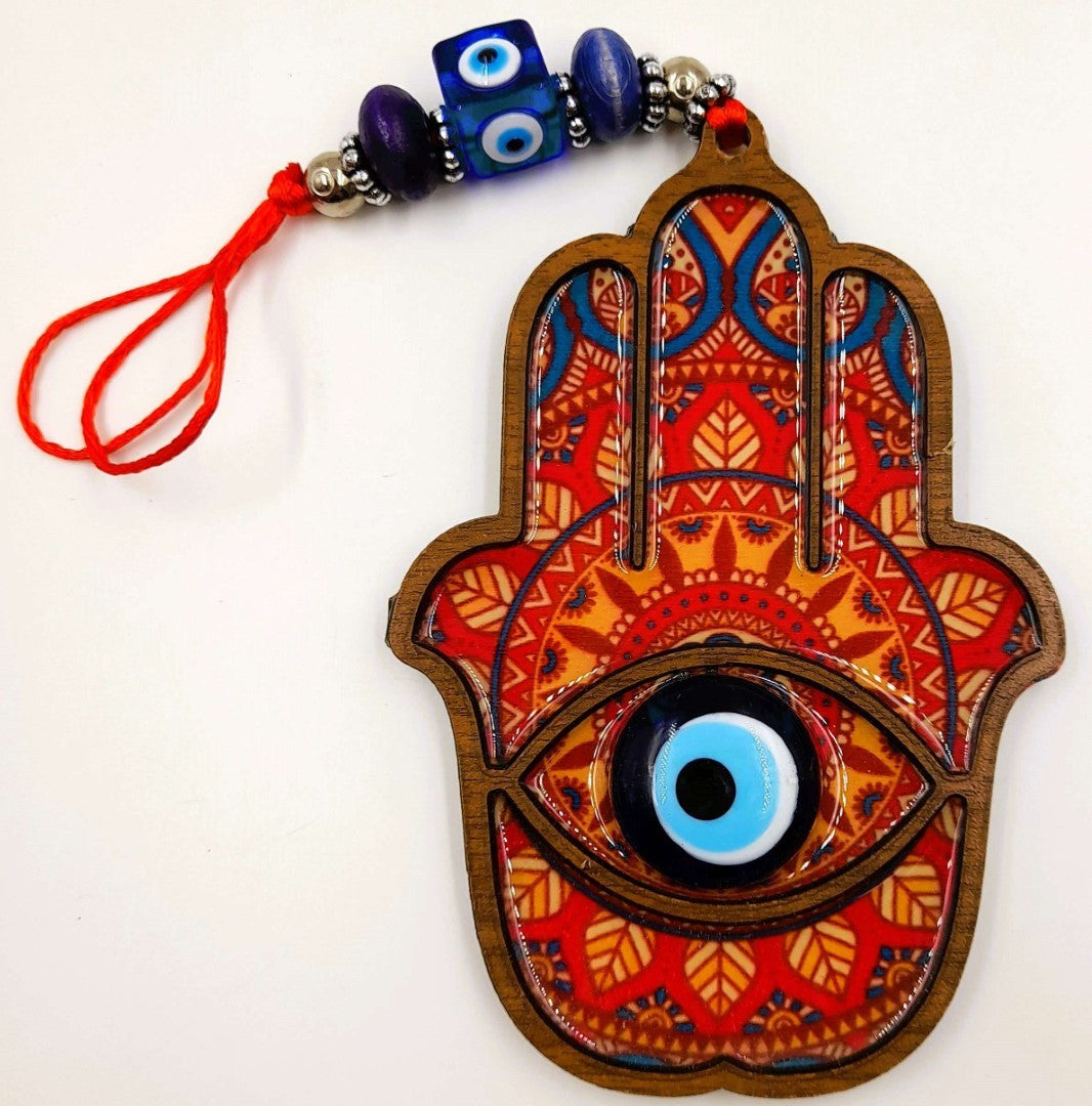 Boho Hamsa Hand wall hangings with glass evil eyes, assorted designs in vibrant colors for unique home decor.