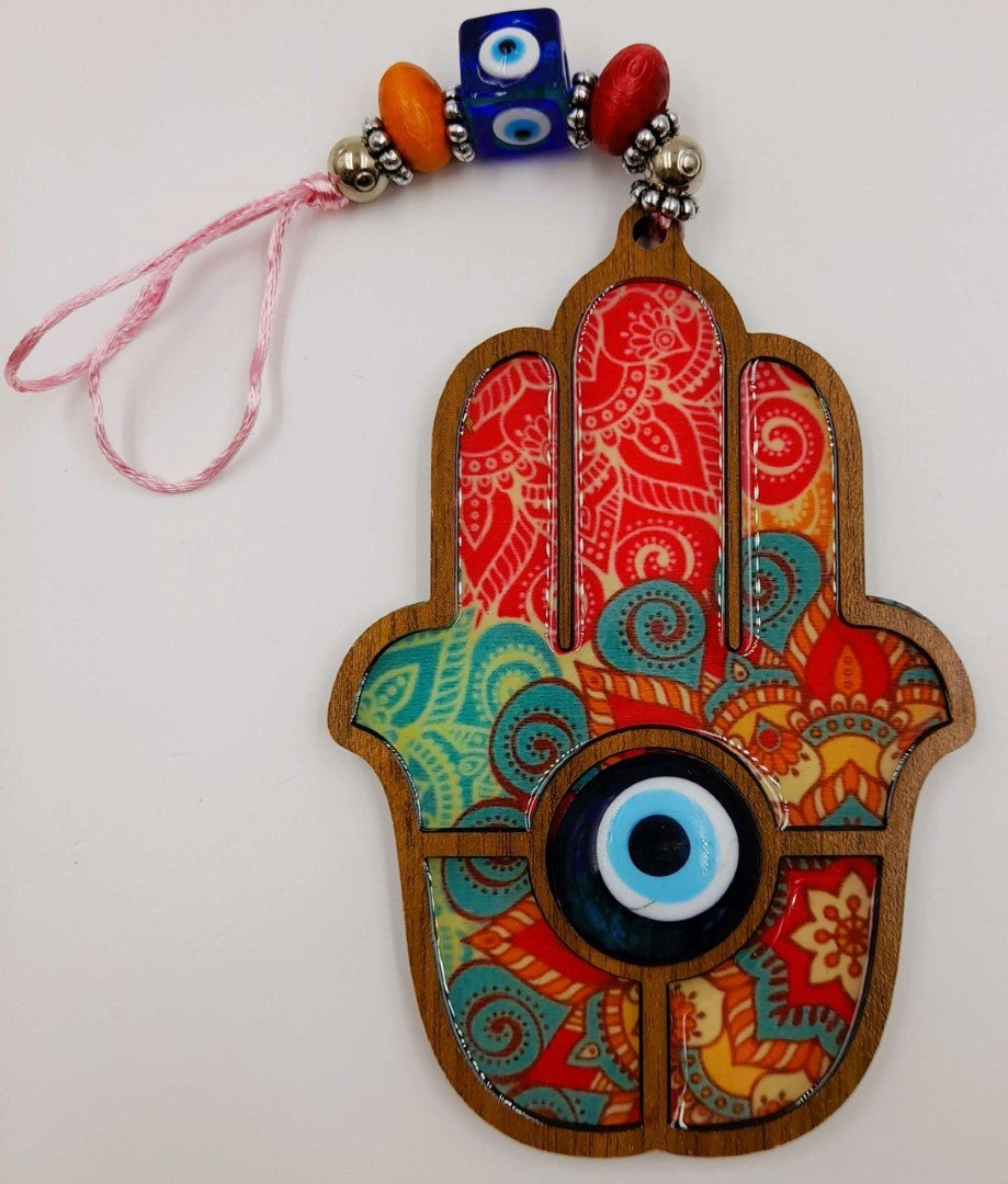 Boho Hamsa Hand wall hangings with glass evil eyes, set of 3 assorted designs, vibrant colors, and protective charm.