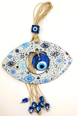 Vibrant set of 3 Turkish Evil Eye wall hangings, 20 x 16cm, intricate designs for protection and home decor.