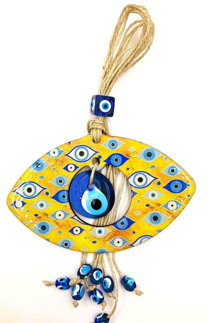 Set of three handmade Turkish Evil Eye wall hangings, 20 x 16cm, featuring intricate designs for protection and decor.