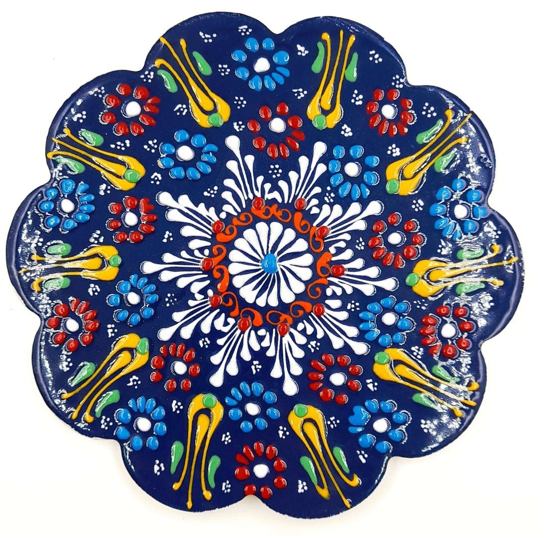 Set of 3 vibrant Turkish handpainted trivets, 18cm, showcasing unique designs for stylish table protection.