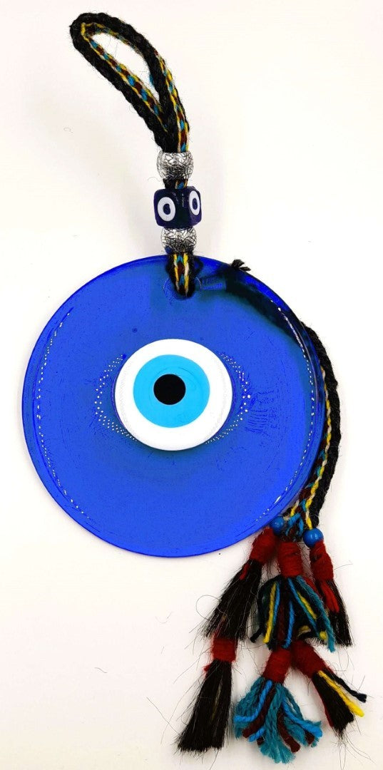 Handcrafted 18cm Turkish glass evil eye wall hanging, vibrant colors, unique design, offers protection and home decor elegance.