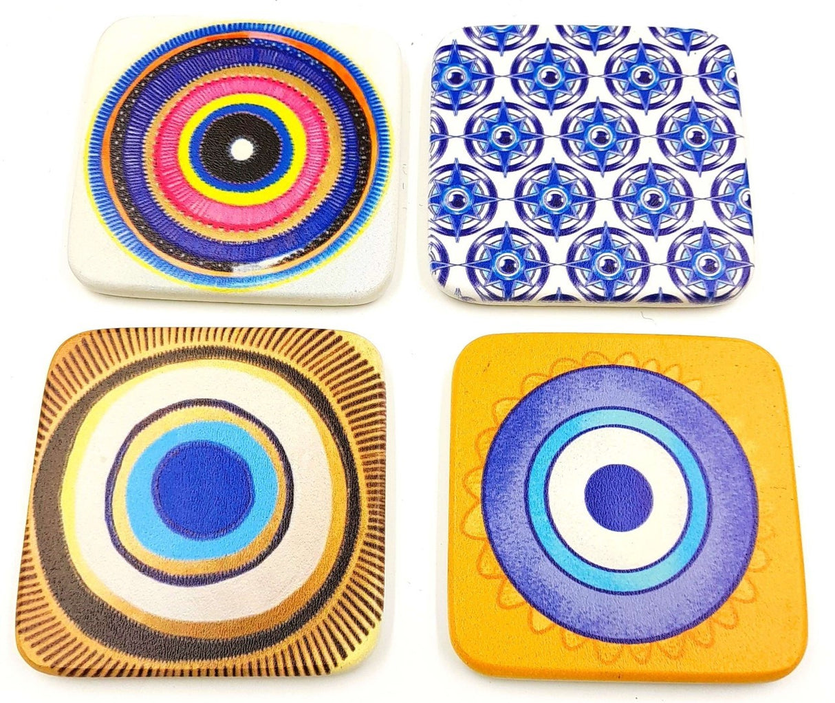 Handmade 9cm Evil Eye coasters in assorted colors and designs, offering elegance and cultural significance for your home decor.