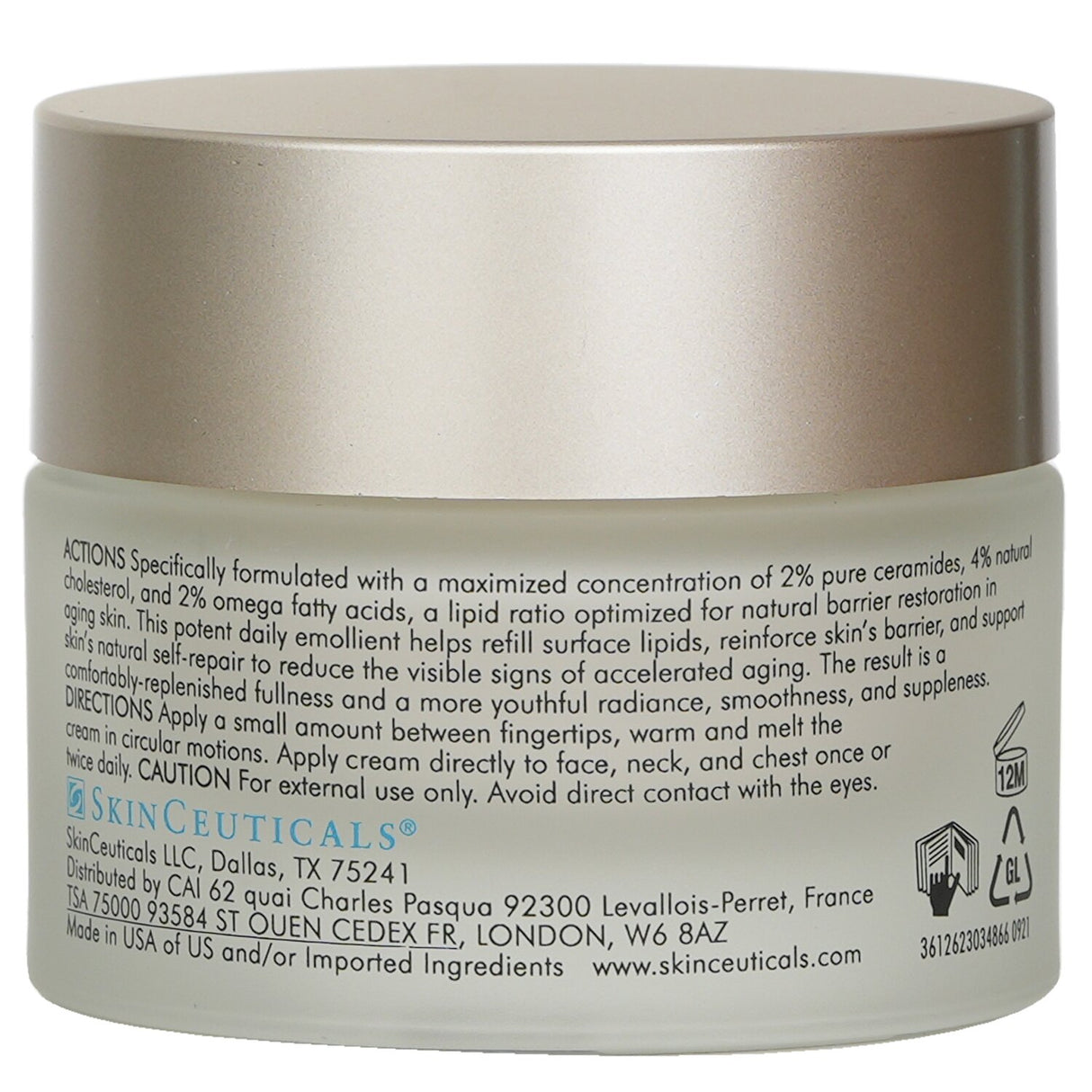 Moisturizing facial cream with ceramides and cholesterol for hydration, improved texture, and youthful radiance.