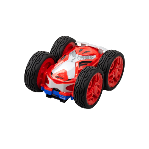 Remote-controlled Mini Flip Neo car with two-sided design, rechargeable battery, and flipping stunts for kids aged 5+.