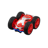Remote-controlled Mini Flip Neo car with two-sided design, rechargeable battery, and flipping stunts for kids aged 5+.