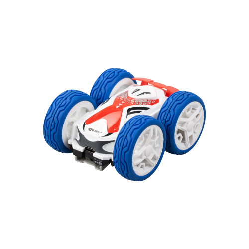 Remote-controlled Silverlit Exost Mini Flip Neo car with two-sided design, flips, and rechargeable battery, for kids 5+.