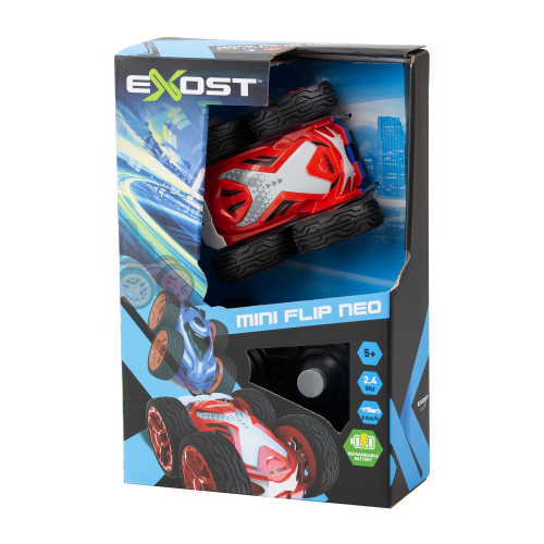 Remote-controlled Mini Flip Neo car in assorted designs, featuring two-sided flipping stunts and rechargeable battery for kids.