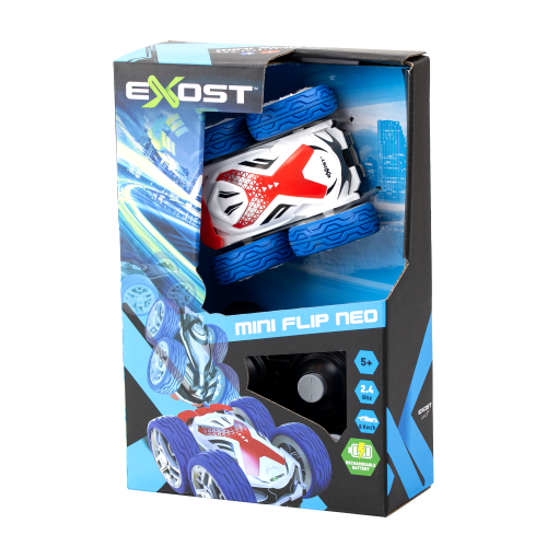 Remote-controlled Silverlit Exost Mini Flip Neo car, designed for flips, speed, and fun, with a rechargeable battery.