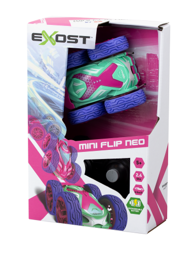 Remote control car with vibrant designs, flips upside down, performs stunts, USB-C rechargeable, for kids 5+.