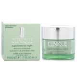 "Clinique Superdefense Night Recovery Moisturizer: anti-aging cream for very dry to dry combination skin, 50ml, enriched with antioxidants."