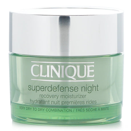 Clinique Superdefense Night Recovery Moisturizer, an anti-aging cream for very dry skin, enriched with antioxidants and vitamins.